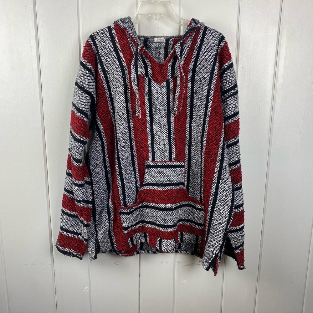 Vintage Baja Joe Hoodie Men XL Drug Rug Poncho Mexican Blanket Sweatshirt